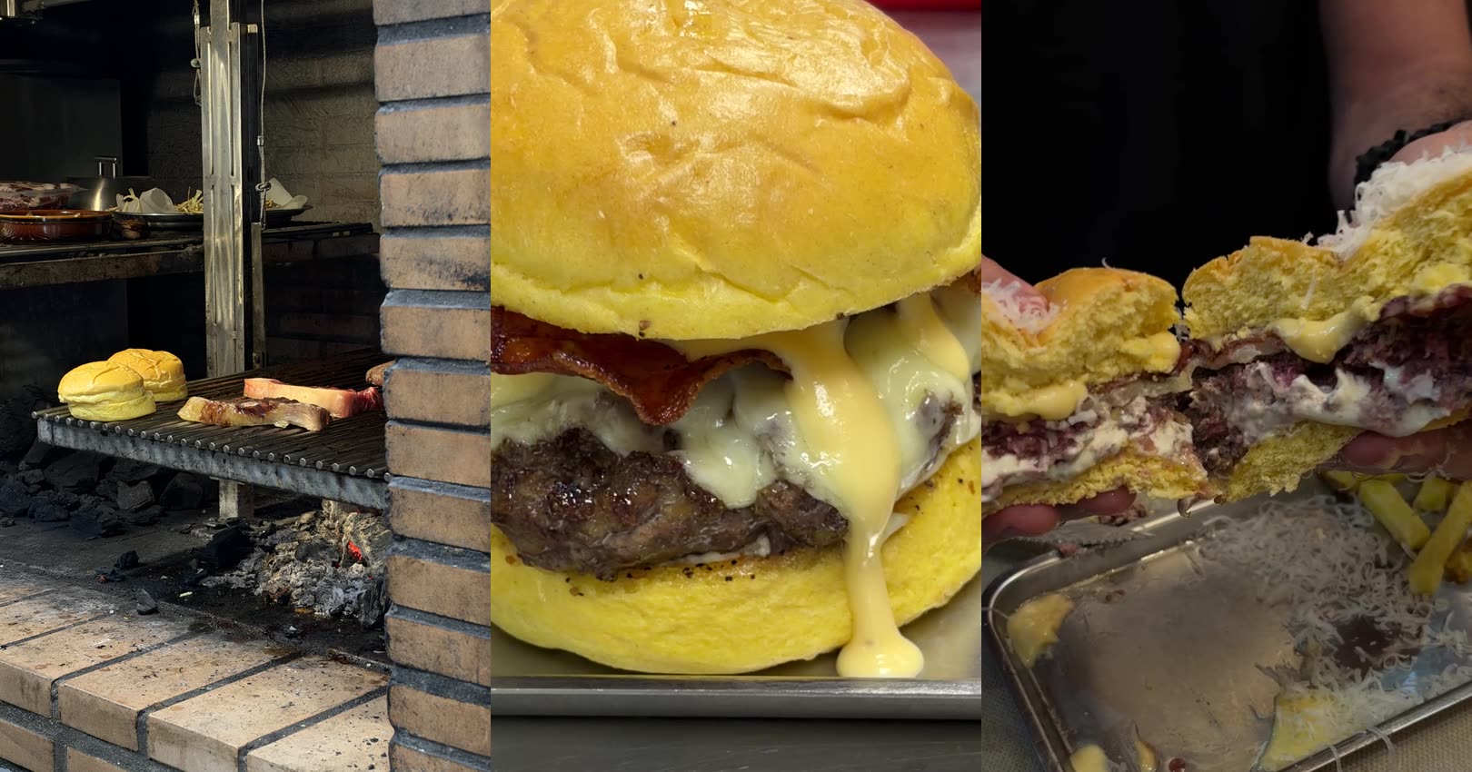Pan brioche en la parrilla, hamburguesa Carbonara con queso fundido y la Carbonara abierta, en Con Acento Parrilla, Córdoba